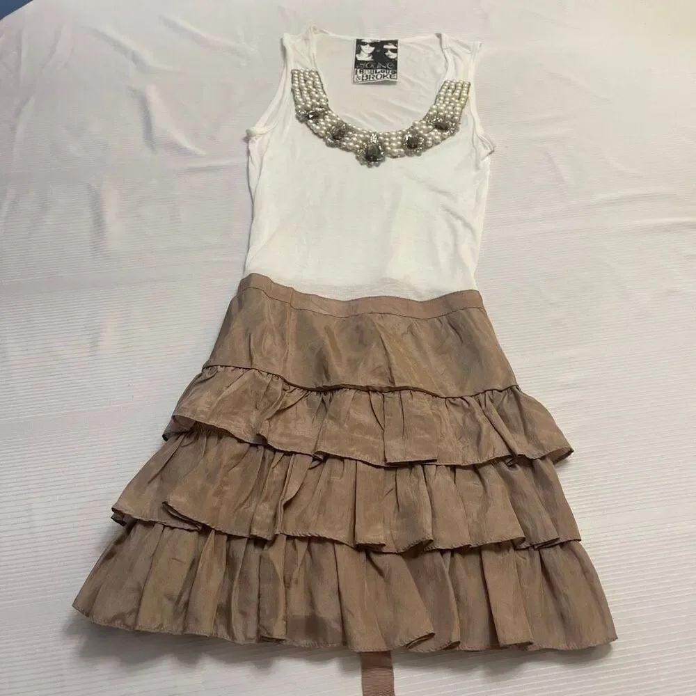 Young Fabulous & Broke White Taupe Embellished Beaded Dress Size XS